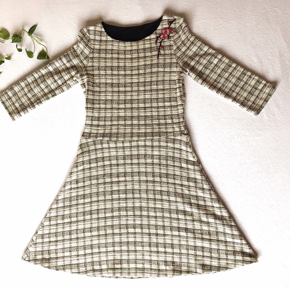 Desigual tweed skater style dress with red blossoms embroidery